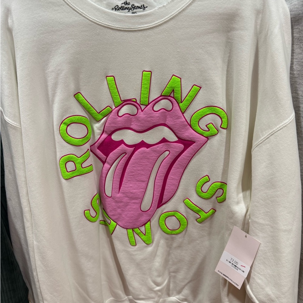 the Rolling Stones White Crewneck with Neon Pink & Neon Green Accent